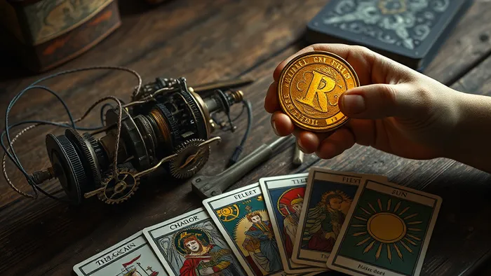 Символичное изображение выбора между изобретением и инвестицией: механический прототип на столе и расклад карт Таро (Маг, Колесница, Император, 5 Мечей, Солнце) рядом с золотой монетой.