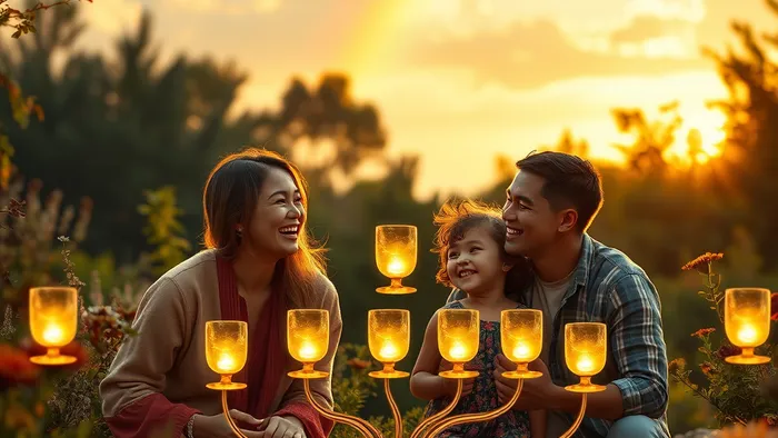 Современная интерпретация карты Таро Десятка Кубков: разнообразная семья в саду делится счастливым моментом под радугой, вокруг парят десять светящихся чаш.