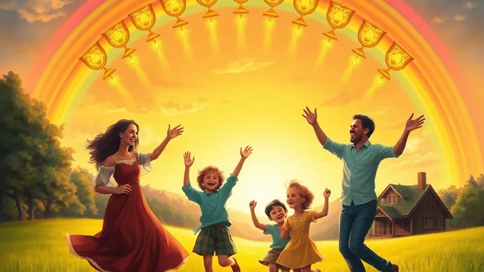 Иллюстрация в стиле Таро: счастливая семья танцует на лугу у дома под радугой, с которой нисходят десять сияющих кубков. Символ гармонии и эмоциональной полноты.