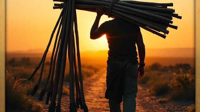 Символическое изображение карты Таро Десятка Жезлов: человек, согнувшийся под тяжестью связки из десяти посохов, бредёт к далёкому городу на закате.