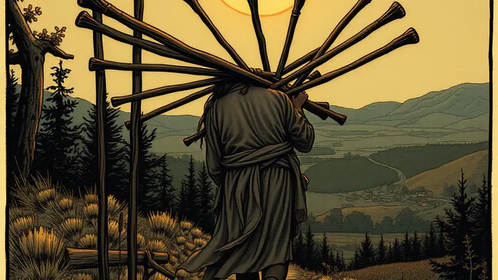 Символическая иллюстрация карты Таро Десятка Жезлов: человек несёт охапку из десяти посохов, согнувшись под их тяжестью.