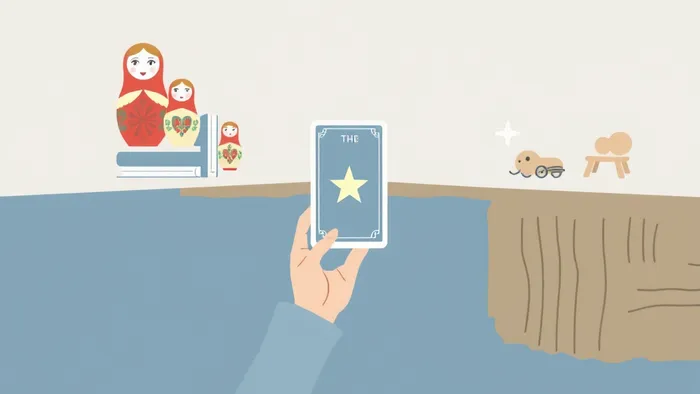 Символический мост между деталями русской и минималистичной финской жизни. Рука ребёнка держит карту Таро «Звезда» в центре этого моста.