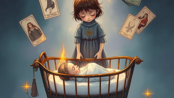 Символическая иллюстрация: старший ребенок и новорожденный в окружении карт Таро (Императрица, Дьявол, Двойка Мечей), отражающих тему ревности и поиска гармонии в семье.