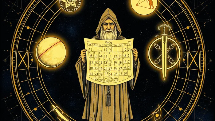 Символическая иллюстрация: Аркан Отшельник держит сияющий календарь-чертеж месяца, окруженный символами Меркурия, знака Девы, Меча и Пентакля на фоне космоса.
