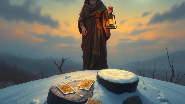 Символическое изображение Девы в декабре: фигура с фонарем на снежном холме рассматривает карты Таро (Отшельник, Мир, Королева Пентаклей) при зимних сумерках, в небе видны созвездия Девы и Стрельца.