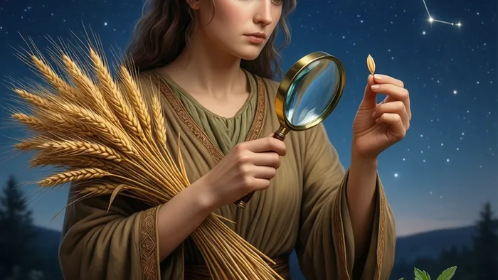 Символическое изображение Аркана Девы в Таро: фигура аналитика-целителя, держащая колос пшеницы и лупу, на фоне звёздного неба и аккуратно разложенных инструментов.