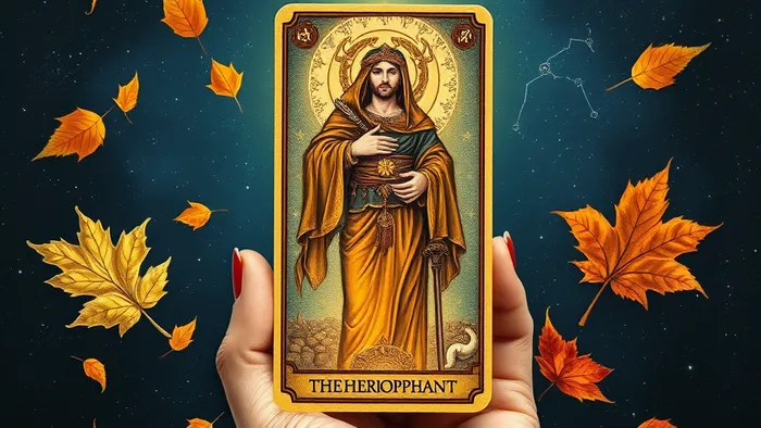 Символическая иллюстрация: карта Таро, объединяющая символы Отшельника и Иерофанта, на фоне созвездия Девы и сентябрьской листвы.