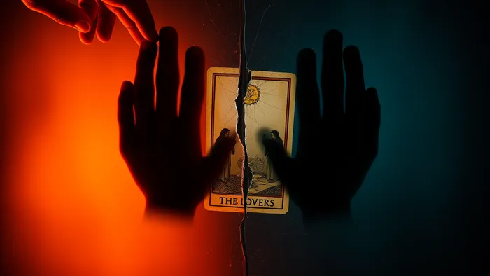 Символическое изображение выбора в отношениях в стиле карт Таро: две руки, разделённые треснувшим стеклом, олицетворяют моногамию и открытость. Карта Влюблённых лежит расколотой между ними.