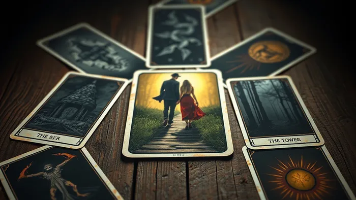 Символический расклад карт Таро на тему выбора в отношениях: Влюбленные на перепутье, окруженные картами Башня, Дьявол и Солнце.
