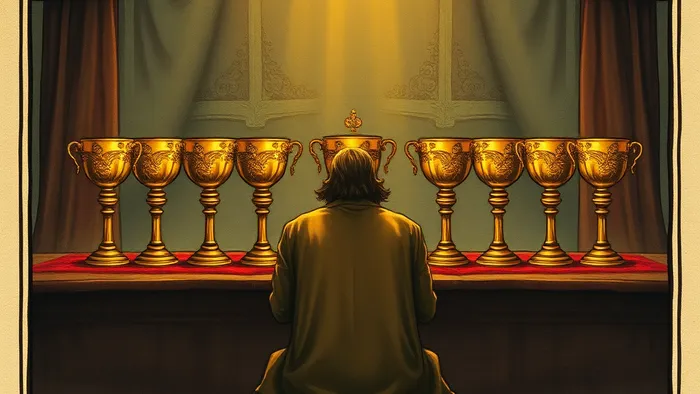 Иллюстрация карты Таро Девятка Кубков: довольный человек сидит за столом с девятью золотыми кубками, символ эмоционального изобилия и исполнения желаний.