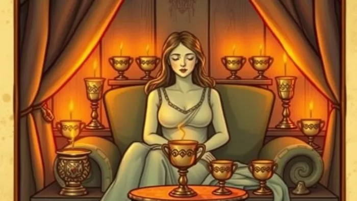 Символическое изображение Девятки Кубков Таро: умиротворенная фигура в окружении девяти кубков, символизирующих эмоциональное удовлетворение и здоровье.