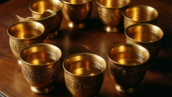 Девять золотых кубков, полных и сияющих, стоят дугой на тёмном деревянном столе. Символ изобилия и удовлетворения из колоды Таро.