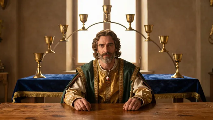 Карта Таро Девятка Кубков в контексте богатства: человек в роскошных одеждах сидит на фоне девяти золотых чаш, символизируя финансовый успех и довольство.