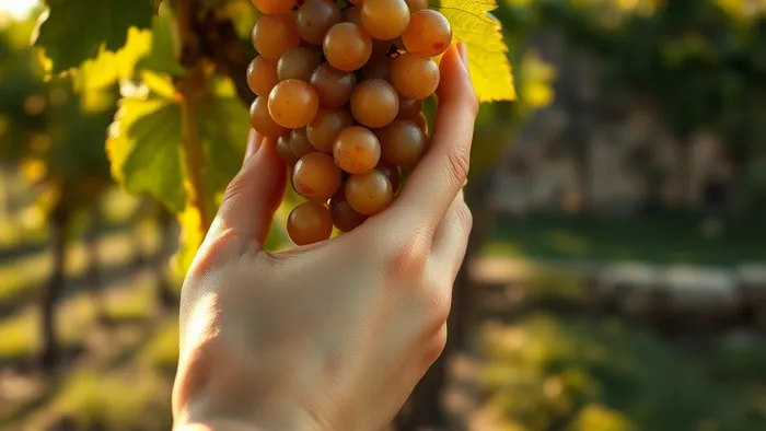 Крупный план руки, касающейся спелой виноградины в саду — символ Девятки Пентаклей и осознанного обладания.