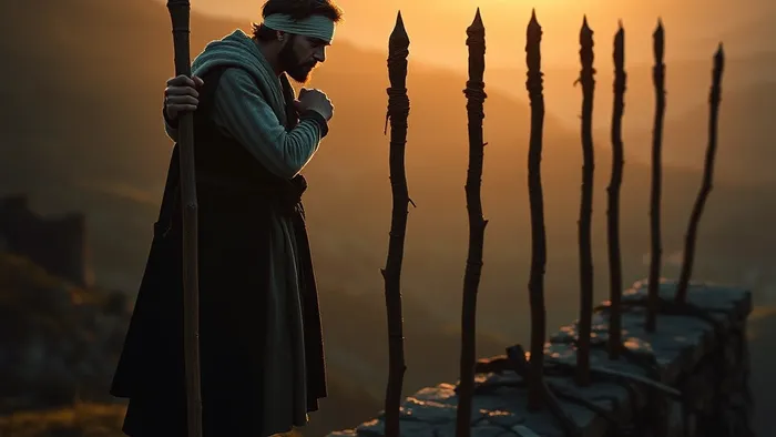 Архетипический образ Девятки Жезлов: уставший, но бдительный страж с перевязанной головой стоит на крепостной стене на фоне заката, опираясь на жезл, за его спиной – частокол из восьми жезлов.