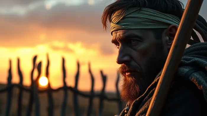 Усталый стражник с повязкой на голове опирается на жезл на фоне частокола. Символическое изображение Девятки Жезлов Таро.