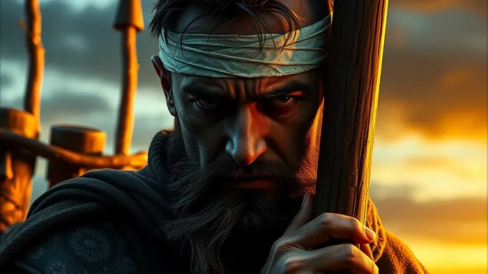 Визуализация карты Девятка Жезлов Таро: уставший страж с перевязанной головой опирается на жезл на фоне частокола.