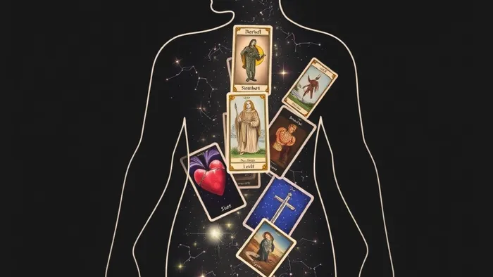 Символическое изображение связи Таро и психосоматики: силуэт человека, внутри которого парят образы карт Таро, соответствующие разным частям тела.
