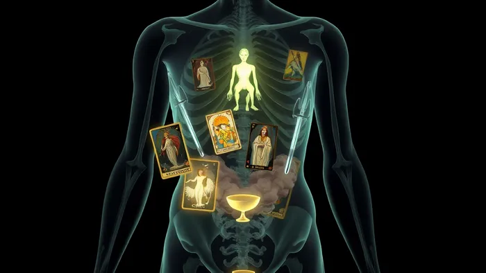 Символическое изображение: полупрозрачная фигура человека, внутри которой светятся образы карт Таро (Императрица, Мечи, Кубки), иллюстрируя связь психосоматики и архетипов.