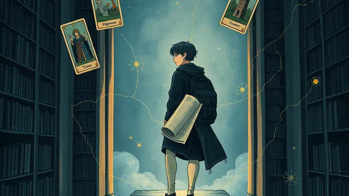 Символическая иллюстрация: студент на пороге между библиотекой и звёздным пространством, окружённый парящими картами Таро (Жрица, Башня, Сила), олицетворяющими преодоление страха перед защитой диплома.