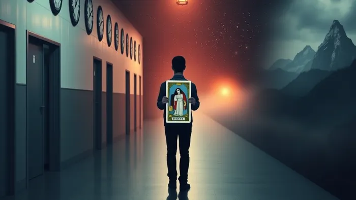 Символическое изображение выбора на карьерном перекрестке: человек с картой Таро Отшельник стоит между путем в офисный коридор и таинственной тропой в горы.