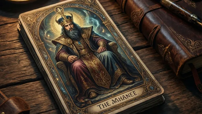 Аркан Император из колоды Таро и старый дневник на деревянном столе при свете свечи