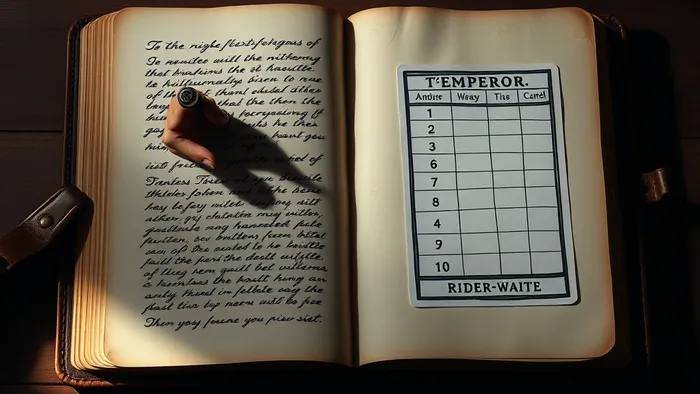 Старый кожаный дневник открыт на столе. На одной странице — рука пишет пером, на другой — карта Императора Таро и рукописная таблица. Атмосфера focused, рабочая.