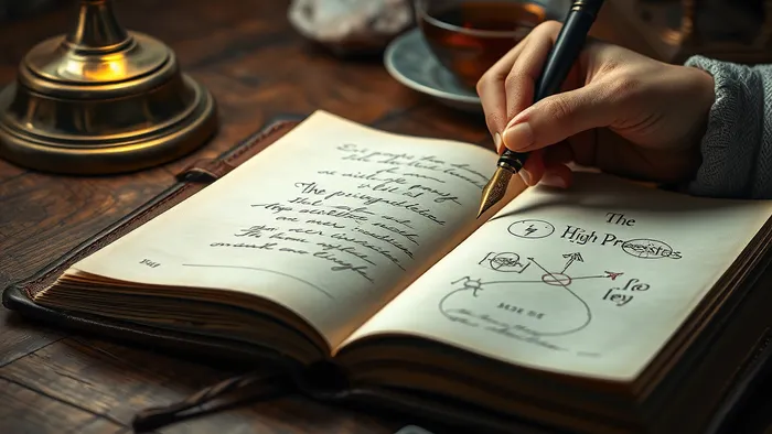Открытый кожаный дневник таролога на деревянном столе. Рядом лежит карта Таро, рука записывает заметки пером. Мягкий свет, уютная атмосфера для глубокой работы.