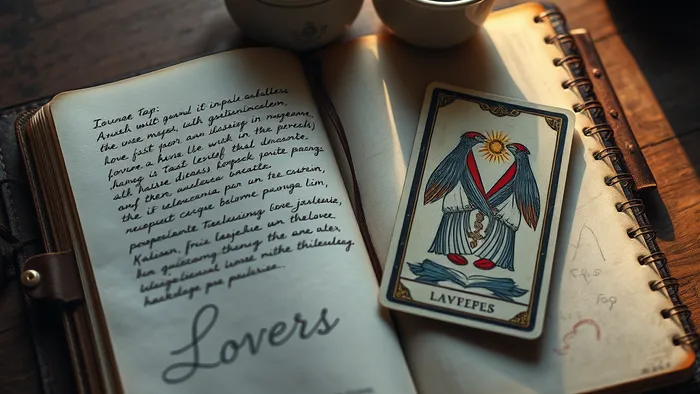 Старая кожаная тетрадь — дневник таролога. На левой странице — рукописные заметки об Аркане Влюблённые, на правой — лежит сама карта. Уютный рабочий стол.