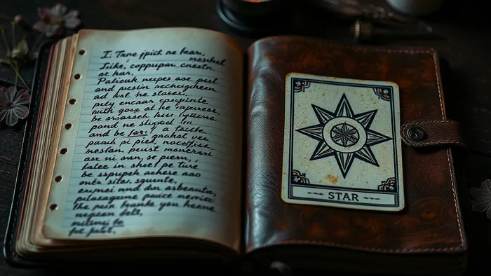Открытый дневник таролога с рукописными заметками и картой Звезда на столе при свече.