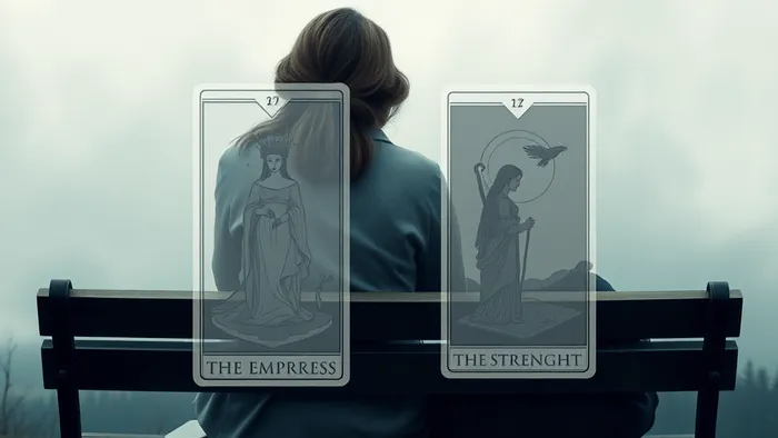 Символическое изображение матери и дочи в момент трудного разговора, с наложенными полупрозрачными образами карт Таро Императрица и Сила на фоне туманного пейзажа.