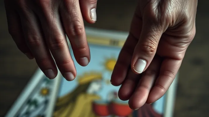 Символичное изображение рук матери и дочи, почти соприкасающихся над размытой картой Таро Императрица. Концепция связи, расстояния и сложного выбора.