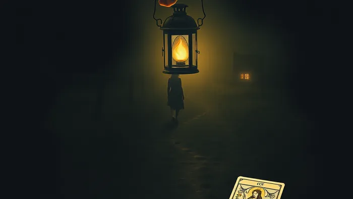 Символическое изображение матери в роли Отшельницы из Таро, освещающей путь фонарём, по которому уходит дочь. Мистическая атмосфера принятия и отпускания.