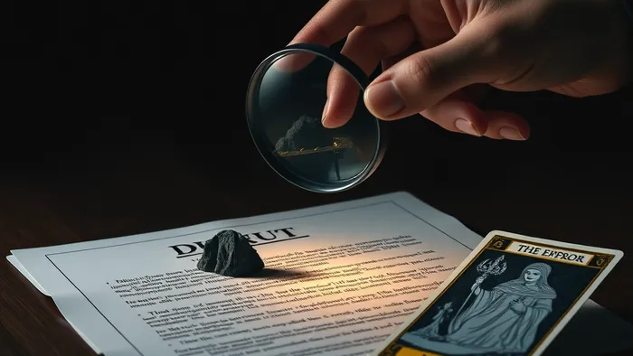 Символическое изображение проверки договора ДДУ под лупой, из текста которого возникают тени в виде подводных камней и ловушек. Рядом лежит карта Таро Император.