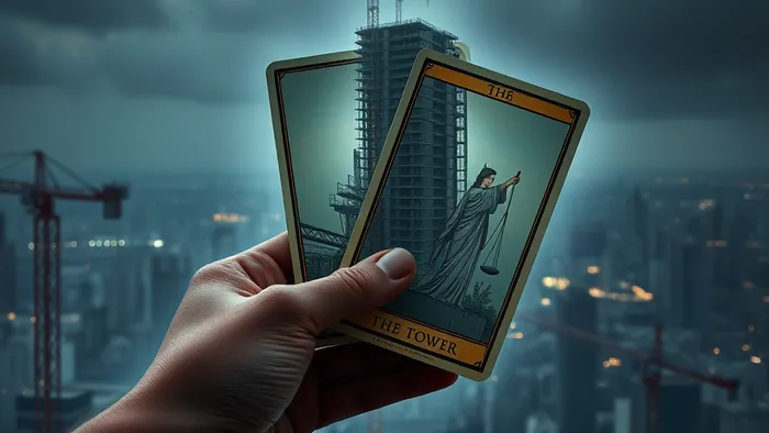 Символическое изображение: рука держит карты Таро (Башня и Правосудие) на фоне современного города со стройками. Призрачное изображение недостроенного дома наложено на городской пейзаж.