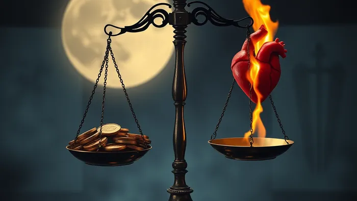 Символическое изображение весов правосудия, на одной чаше которых лежат золотые монеты, а на другой — пылающее сердце. На фоне угадываются образы карт Таро: Правосудие, Луна и Семёрка Мечей.