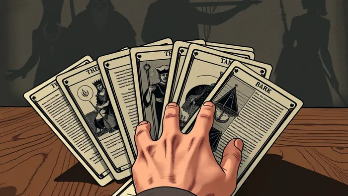 Символическое изображение реструктуризации долгов через призму карт Таро: финансовые документы как карты расклада на столе.