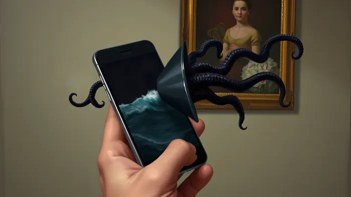 Символическое изображение проблемы: рука держит звонящий телефон, из которого тянутся теневые щупальца, а на стене треснул портрет семьи. Метафора давления чужого долга.