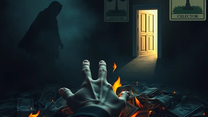 Символическое изображение выбора: рука тянется из горящих денег к двум путям — тени коллектора или двери со светом и весами справедливости. На фоне угадываются очертания карт Таро: Башня, Девятка Мечей, Сила.