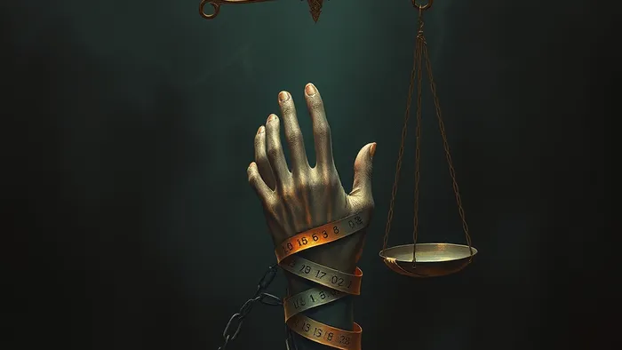 Символическое изображение руки в цепях из чисел, тянущейся к весам справедливости. Архетипы долга и выбора.
