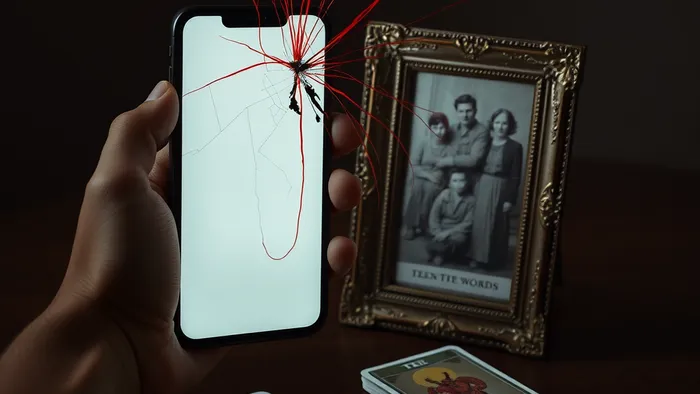 Символическое изображение вторжения чужого долга в личное пространство: треснутый экран телефона, красные нити, опутывающие семейную фотографию, и карты Таро на столе.