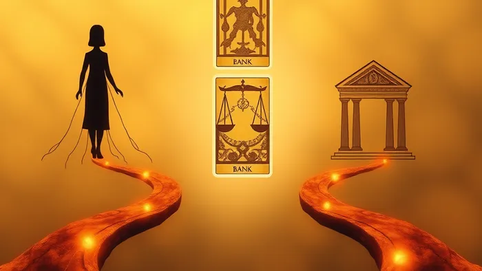 Аллегорическое изображение выбора между двумя путями: тёплым, соединяющим людей, и чётким, ведущим к банку. В центре — карта Таро, освещающая дилемму.