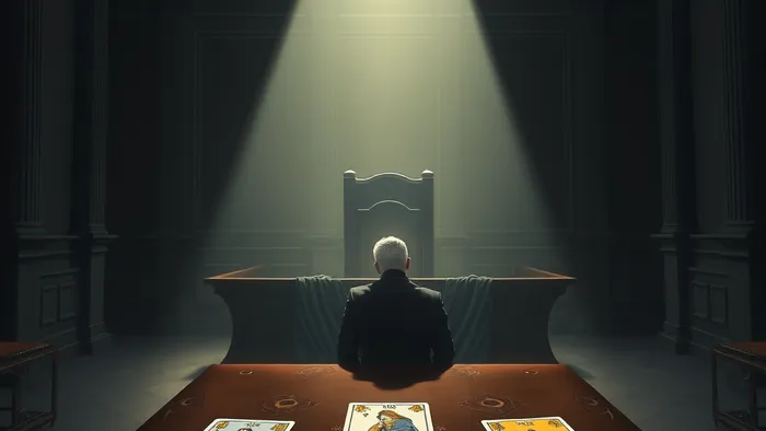 Символическое изображение зала суда как аркана Император. За столом ответчика — фигура в свете, олицетворяющая Повешенного. На столе вместо документов — карты Таро: Император, Повешенный, Сила, Отшельник.