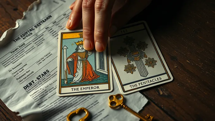Карты Таро Император и Пятерка Пентаклей на старом деревянном столе рядом с финансовой выпиской, символизирующие анализ долговой ситуации.