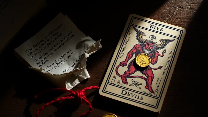 Символичное изображение темы долгов в Таро: карты Пятерка Пентаклей и Дьявол на старом деревянном столе рядом с банковской выпиской и узлом из красной нити.