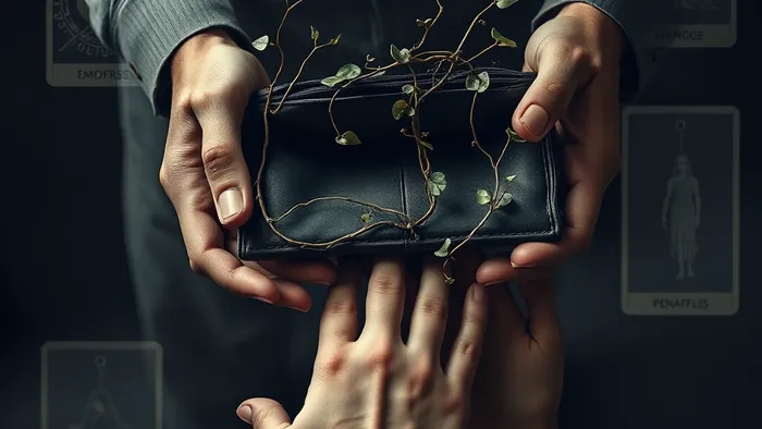 Символическое изображение конфликта: руки родителя с пустым кошельком, опутанные лозами, которые тянутся к рукам взрослого ребенка. На фоне — полупрозрачные образы карт Таро Императрица, Повешенный и 5 Пентаклей.