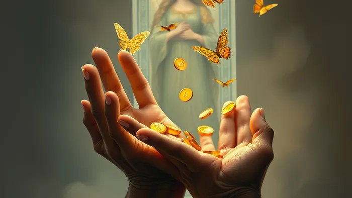 Символическое изображение рук, отпускающих монеты, которые превращаются в птиц. На фоне — полупрозрачный образ карты Таро Императрица. Метафора освобождения от финансовой зависимости и трансформации отношений.