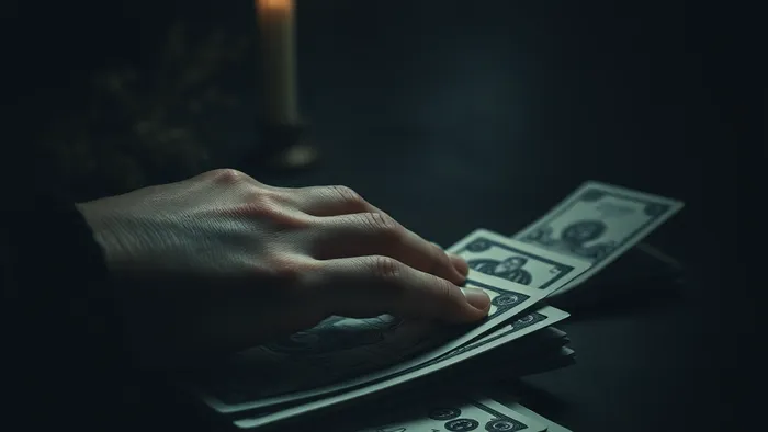 Символическое изображение пассивности и долгов: рука на стопке счетов, в полумраке подсвечена карта Таро Пятерка Пентаклей.