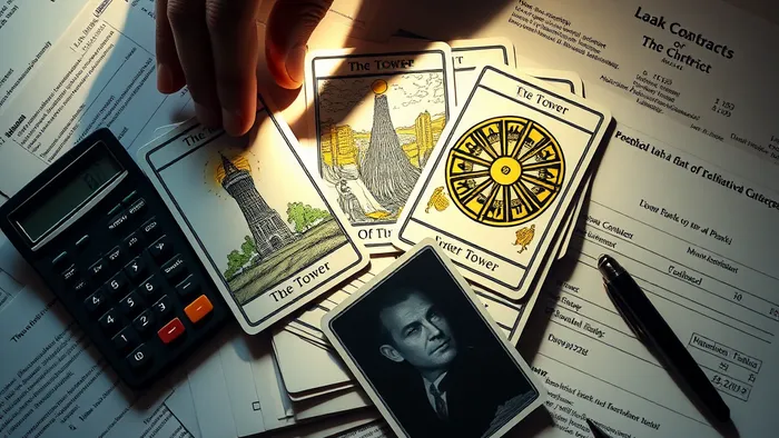 Расклад карт Таро поверх банковских документов и договоров, символизирующий поиск глубинного решения для реструктуризации долгов
