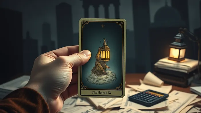 Символическое изображение: рука держит карту Таро Отшельник, свет от ее фонаря освещает стол с бумагами долгов, на фоне — силуэты банков.